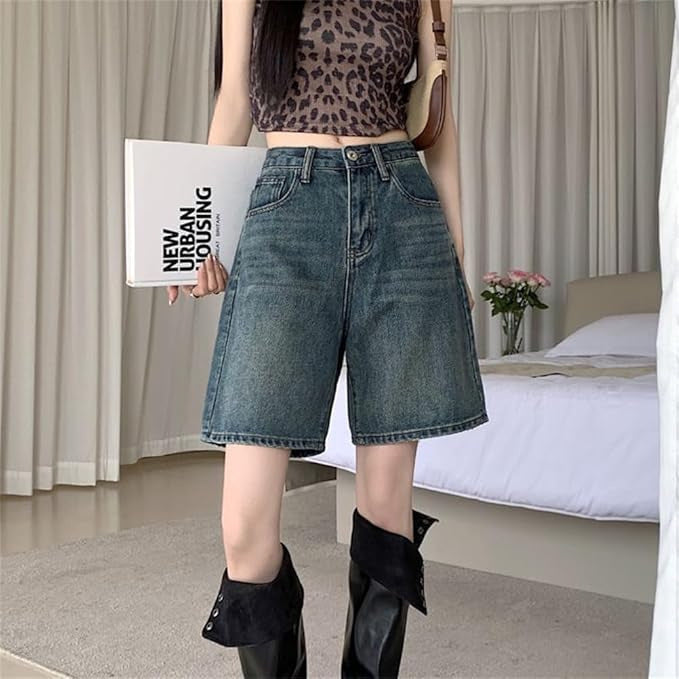 Casual Mid-Waist Straight-Cut Cropped Denim Womens Pants