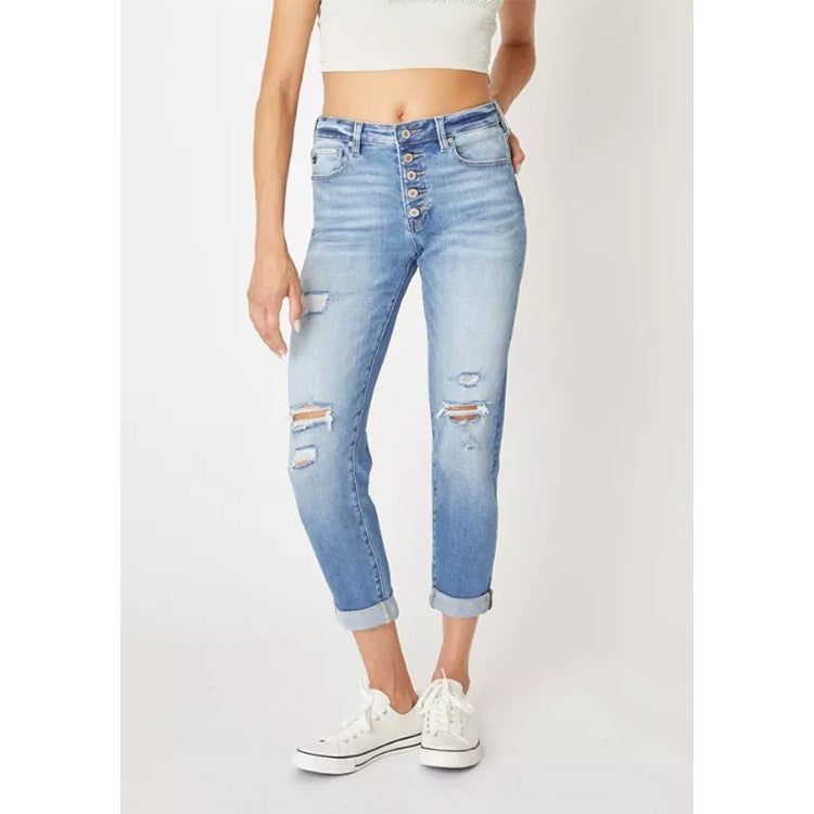 Womens Fashionable Slim-Fit Straight-Leg Ripped Cuffed Denim Jeans