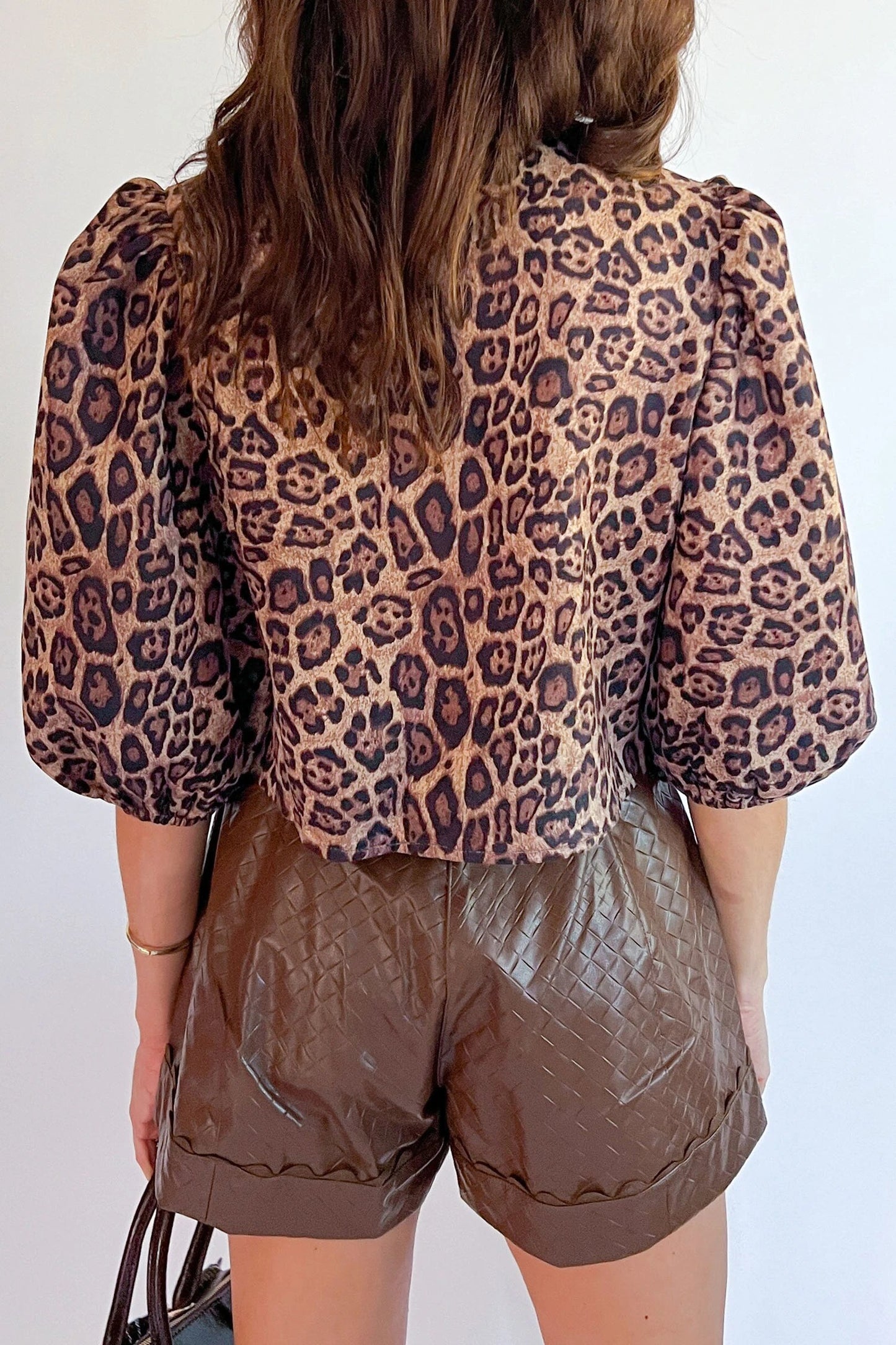Brown Leopard Bow Tie Puff Sleeve Blouse