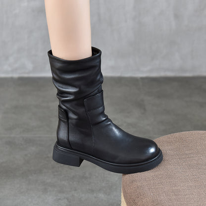 Womens Round-Toe Boots With Genuine Leather Side Zipper