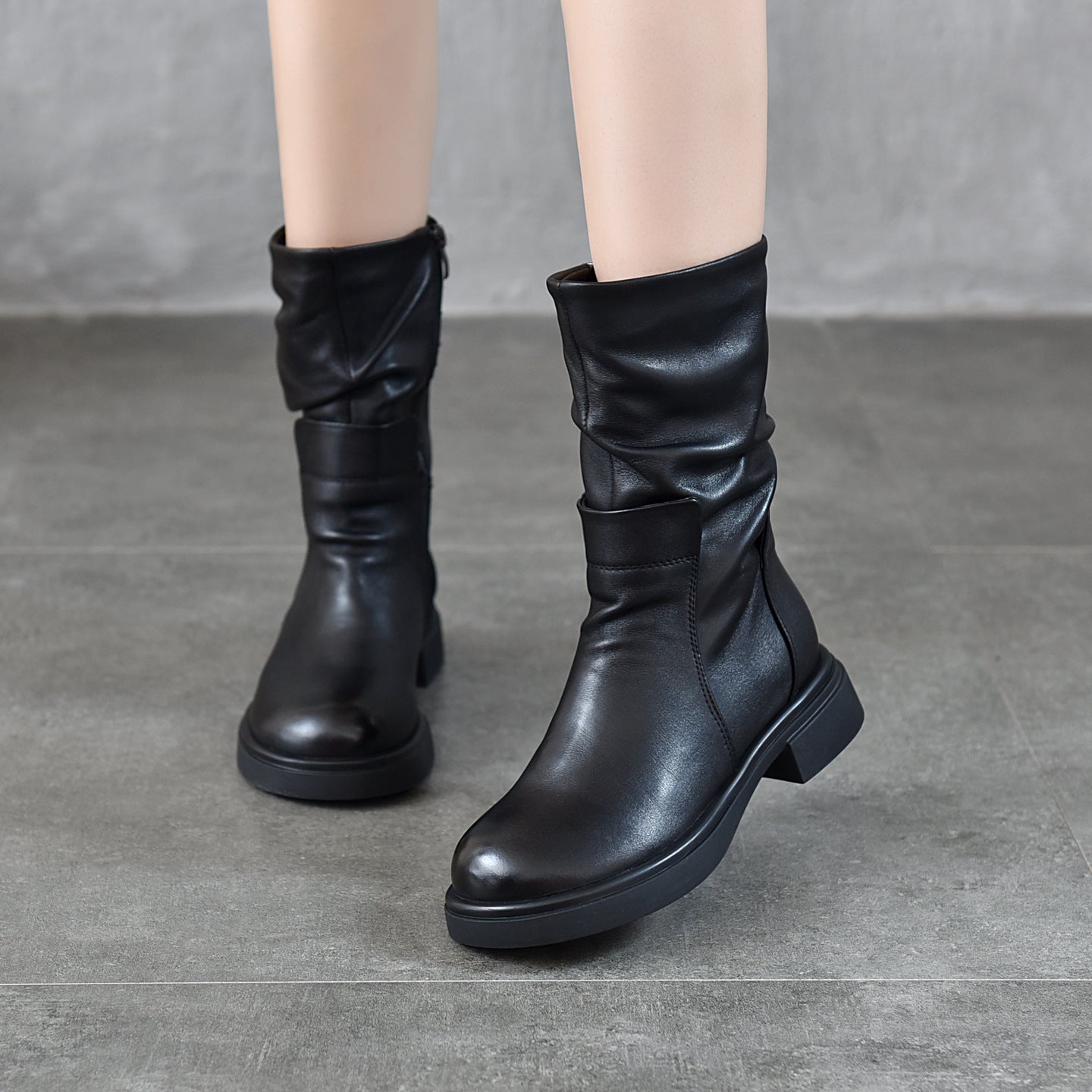 Womens Round-Toe Boots With Genuine Leather Side Zipper
