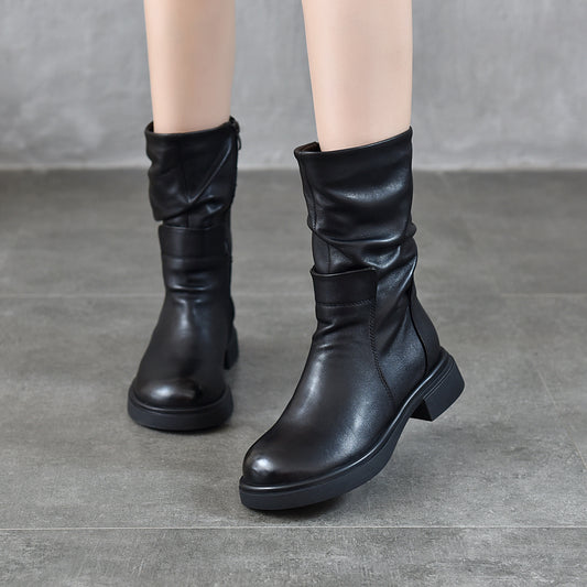 Womens Round-Toe Boots With Genuine Leather Side Zipper