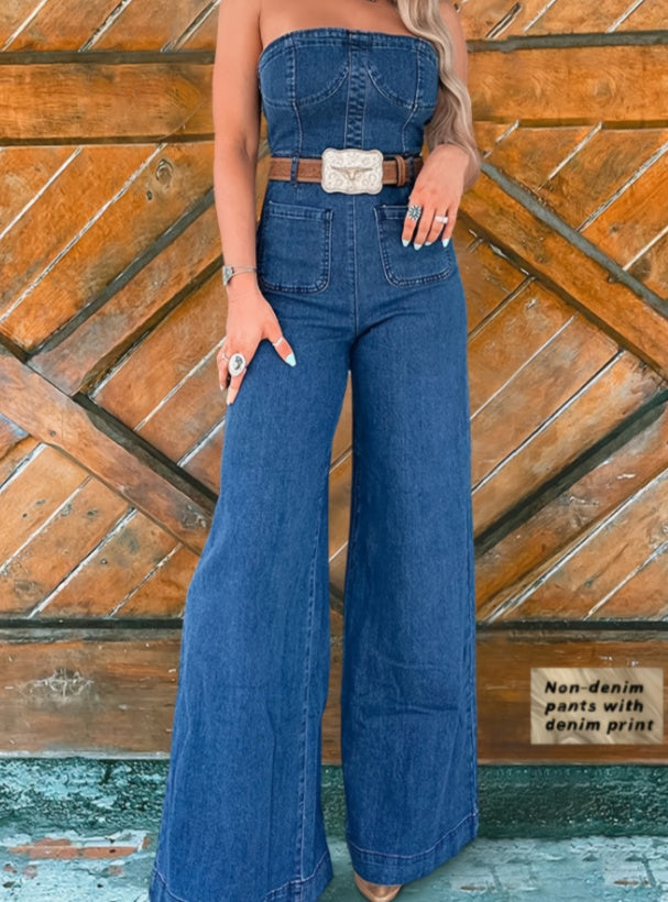 Tube Top Denim Print Wide-Leg Jumpsuit
