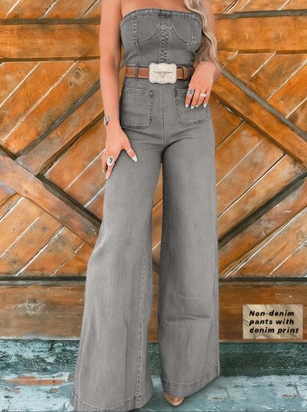 Tube Top Denim Print Wide-Leg Jumpsuit