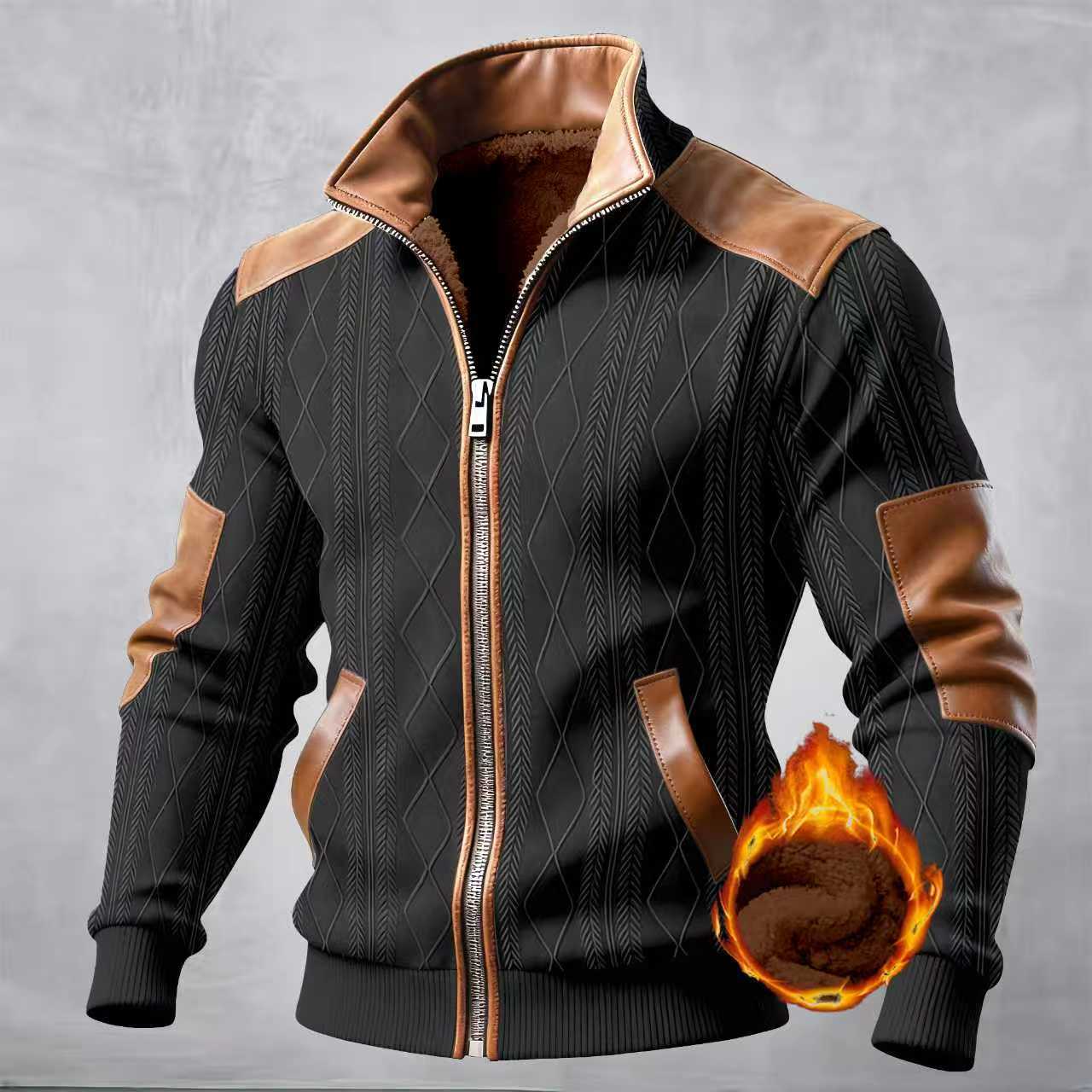 Color-block Textured Fleece-lined Zip-up Casual Jacket
