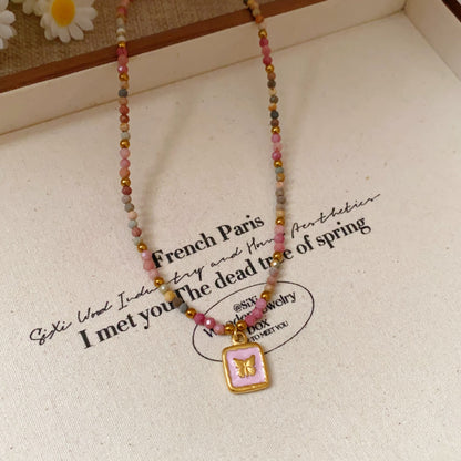 Titanium Steel Oil-drip Red Agate Bead Necklace