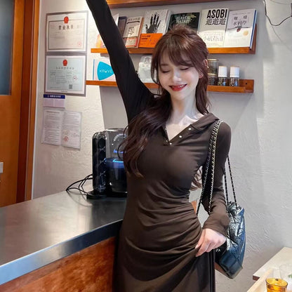 Womens Slim-Fit Long-Sleeve Figure-Lifting Hooded Dress
