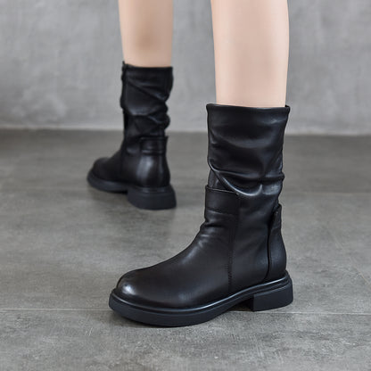 Womens Round-Toe Boots With Genuine Leather Side Zipper