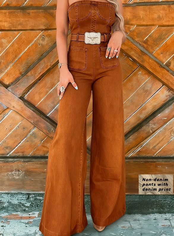 Tube Top Denim Print Wide-Leg Jumpsuit