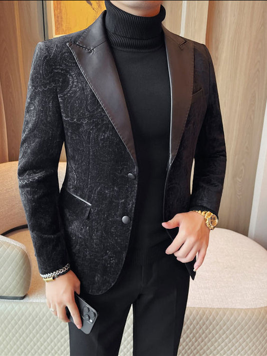 Jacquard Velvet Leather Lapel Men's Blazer