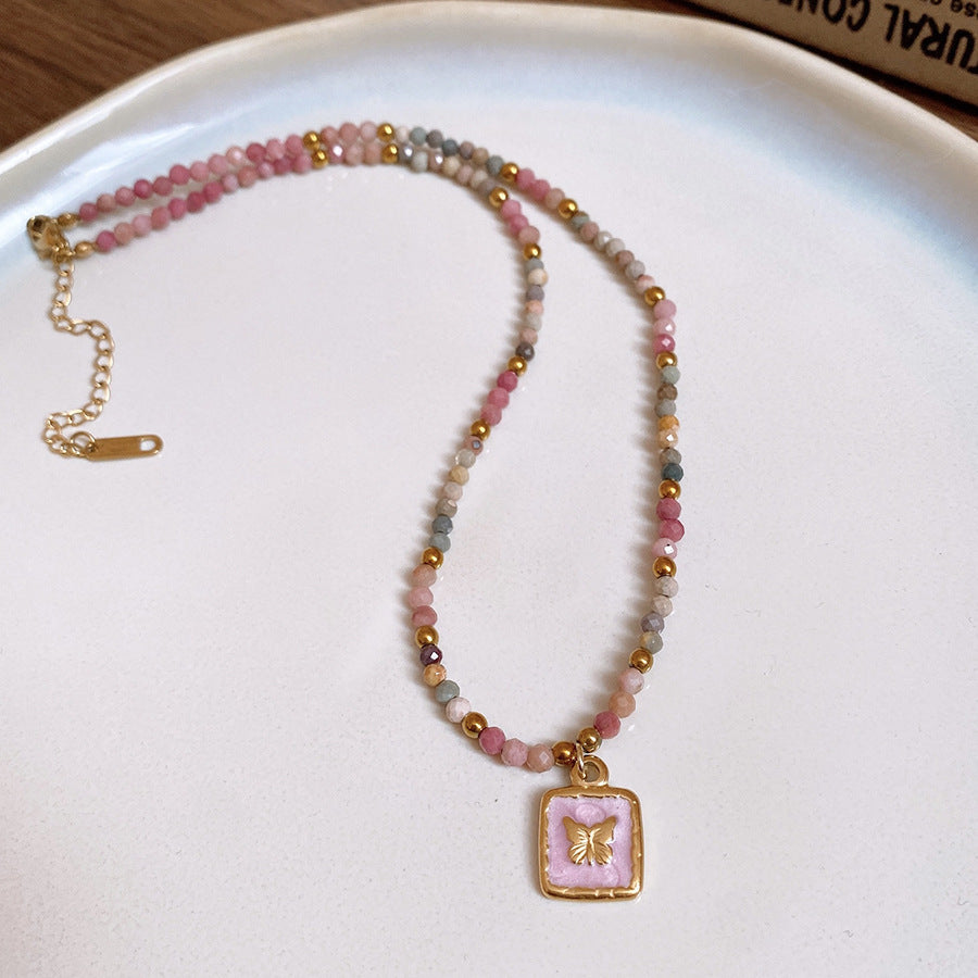 Titanium Steel Oil-drip Red Agate Bead Necklace