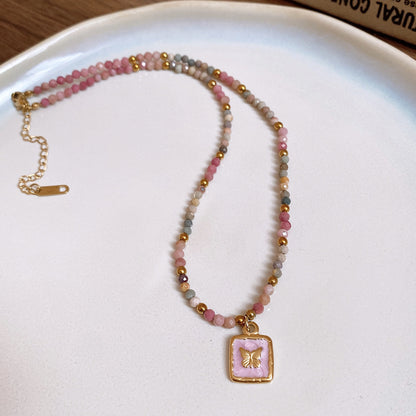 Titanium Steel Oil-drip Red Agate Bead Necklace