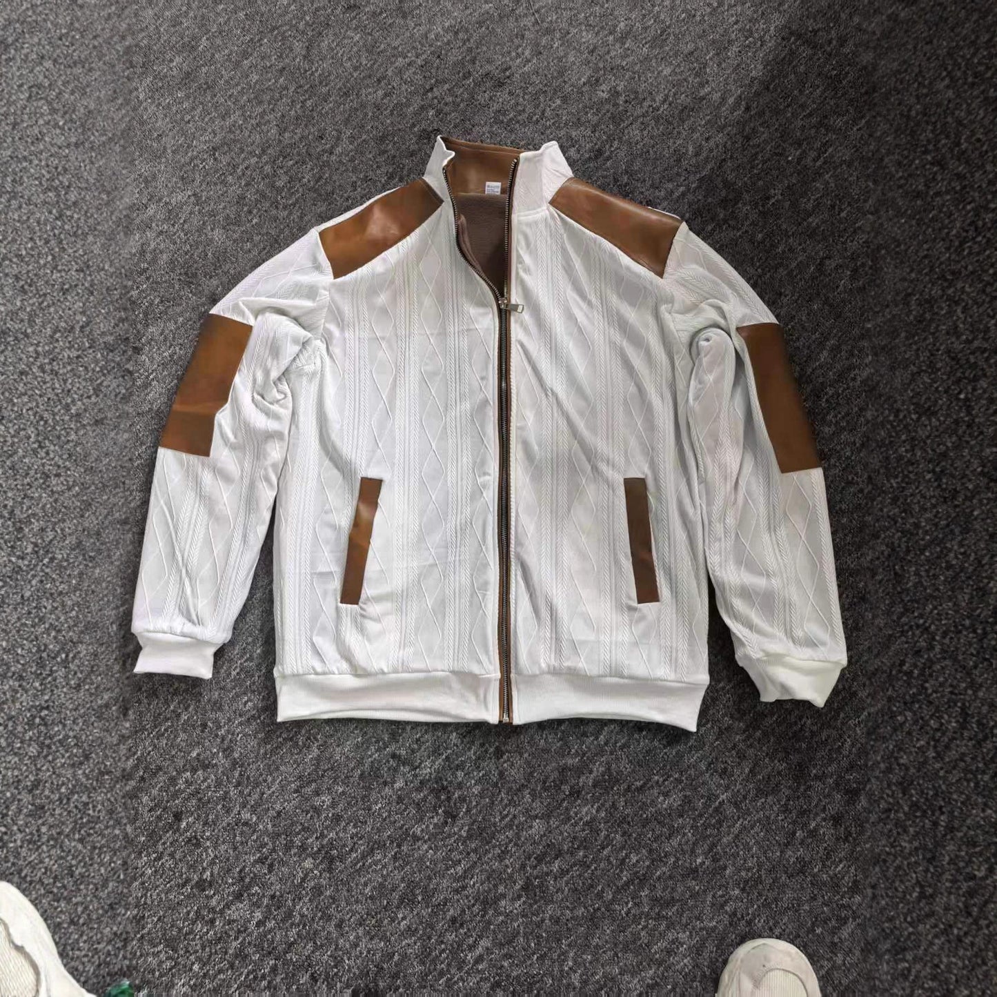 Color-block Textured Fleece-lined Zip-up Casual Jacket