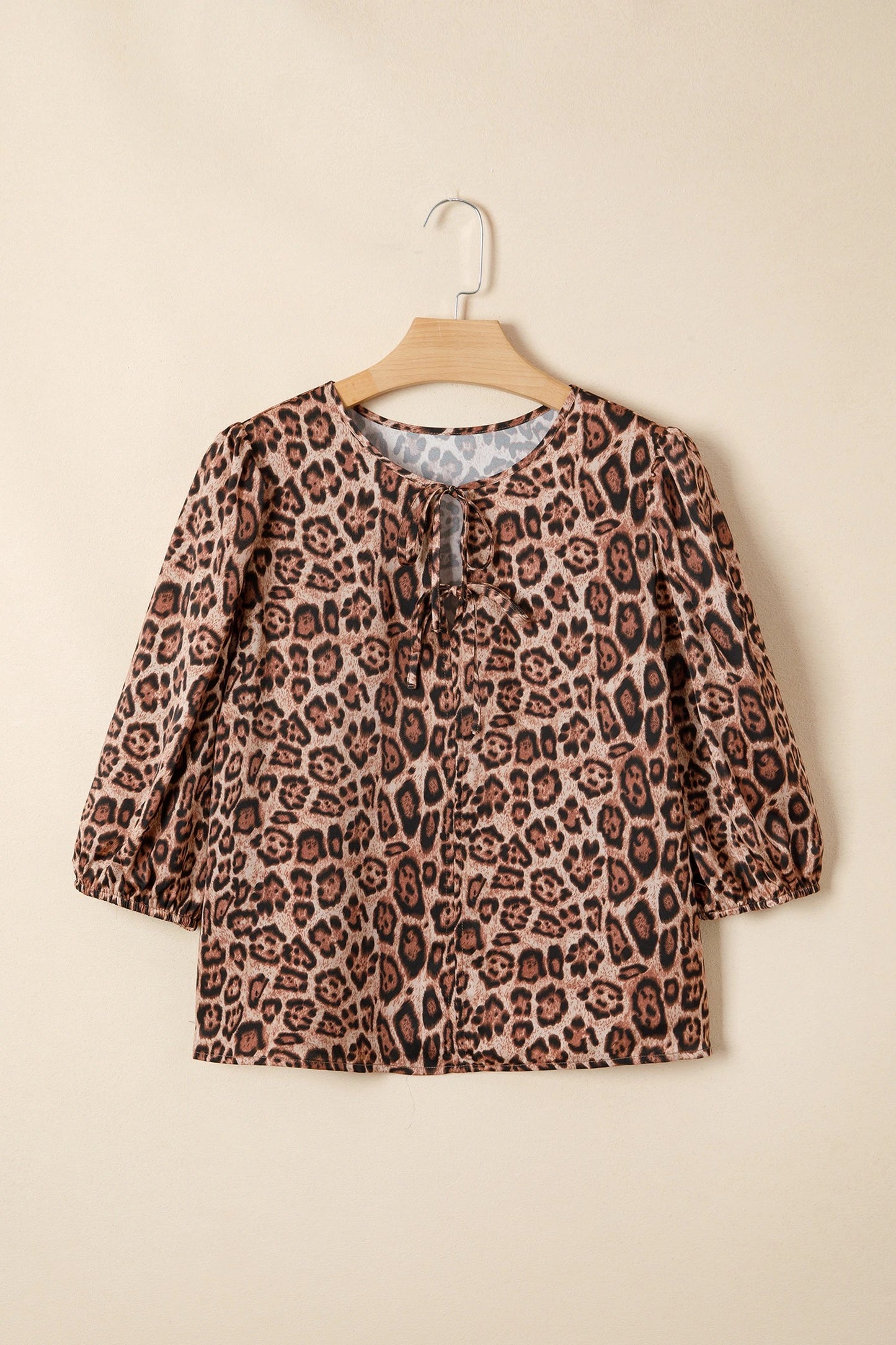 Brown Leopard Bow Tie Puff Sleeve Blouse
