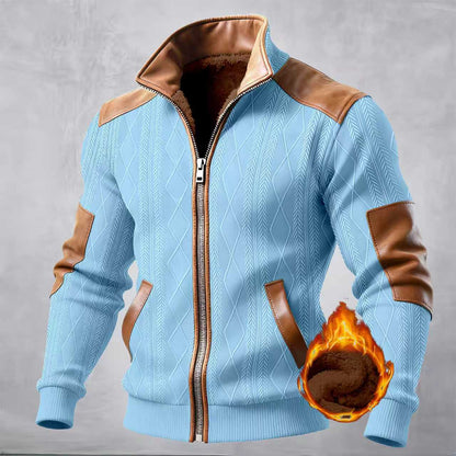 Color-block Textured Fleece-lined Zip-up Casual Jacket